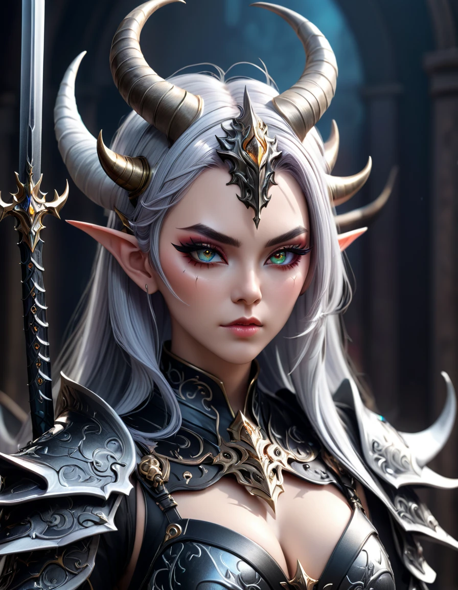 a close up of a woman in a costume with horns and a sword, hyperdetailed fantasy character, anime character; full body art, complex fantasy character, 3 d render character art 8 k, highly detailed character, holy cyborg necromancer girl, anime character, fantasy character, highly detailed exquisite fanart, изумруд horns queen demon, digital fantasy character
