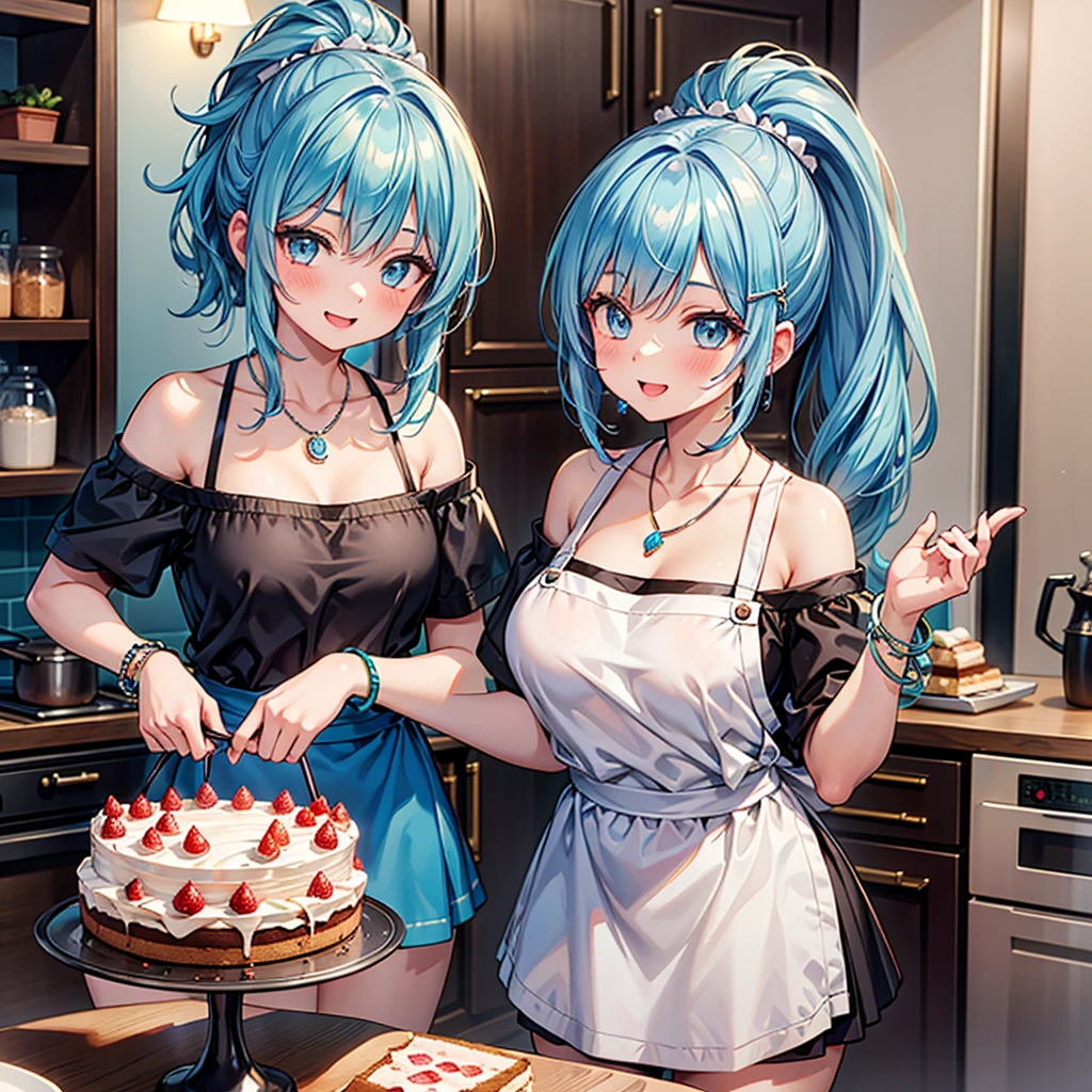Anime Moe Art Style,Highest quality,High resolution,Anatomically correct,One Girl,Mid-s,Girl with light blue hair in a ponytail,Very detailed,Fantasy-style world,Off-the-shoulder tops,mini skirt,apron,Big Breasts,Rich expressiveness,Laughing with your mouth open,kitchen,making a cake,Detailed drawn eyes,hair ornaments,necklace,bracelet,8k