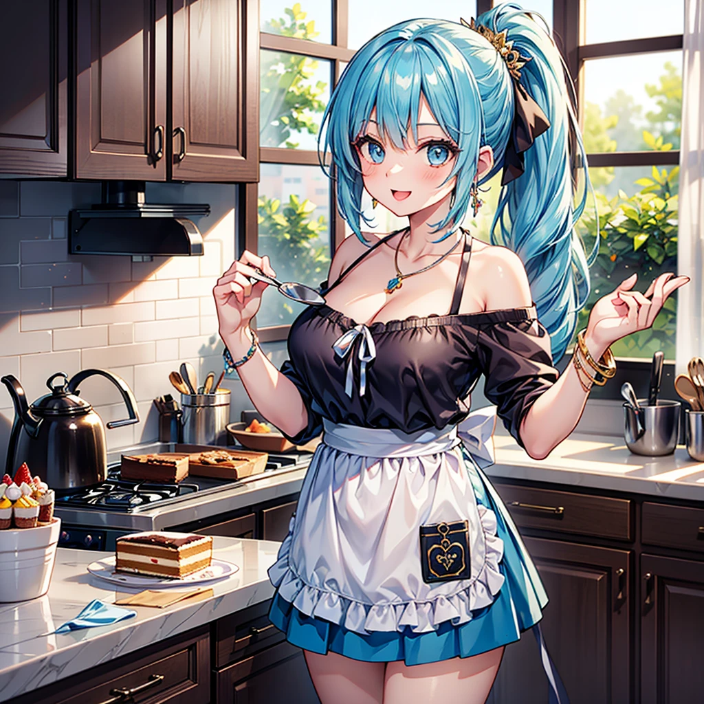 Anime Moe Art Style,Highest quality,High resolution,Anatomically correct,One Girl,Mid-teens,Girl with light blue hair in a ponytail,Very detailed,Fantasy-style world,Off-the-shoulder tops,mini skirt,apron,Big Breasts,Rich expressiveness,Laughing with your mouth open,kitchen,making a cake,Detailed drawn eyes,hair ornaments,necklace,bracelet,8k
