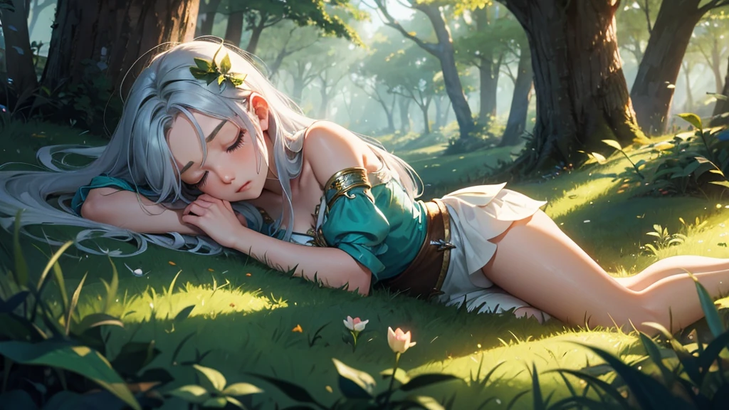 fairy girl ,sleeping in the forest, siver hair,hight quality,4k