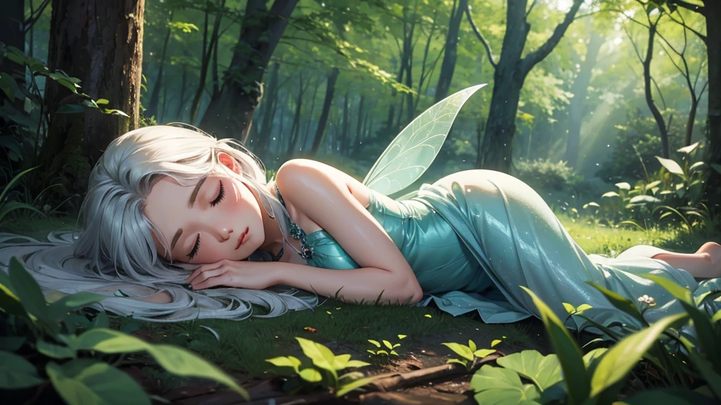 fairy girl ,sleeping in the forest, siver hair,hight quality,4k