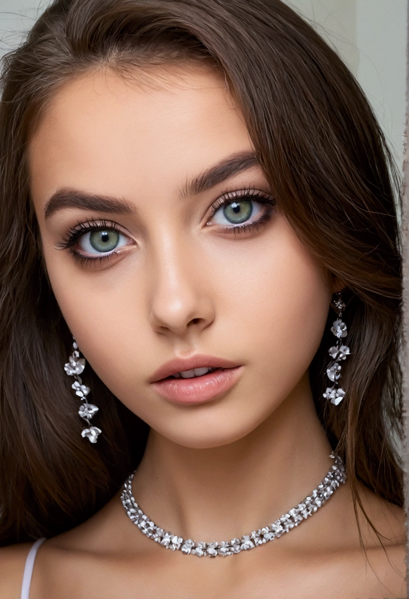 femme arafée avec un débardeur blanc et un collier, sexy girl with yeux verts, portrait sophie mudd, cheveux bruns et grands yeux, super réaliste, 4k, selfie d'une jeune femme, yeux de la chambre, violette myers, sans maquillage, maquillage naturel, regarder directement la caméra, visage avec artgram, maquillage subtil, yeux verts, jolie fille, pose sexy, portrait, déesse brune, Détails élevés