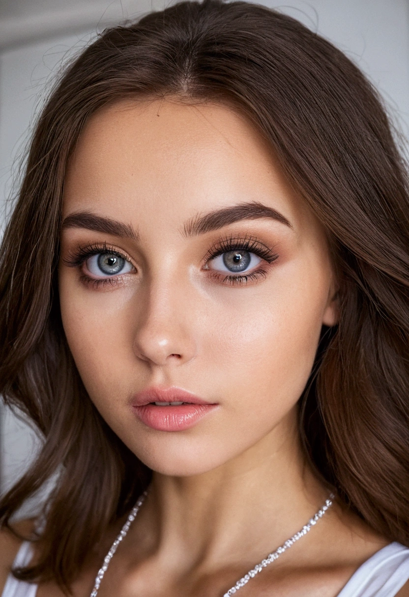 femme arafée avec un débardeur blanc et un collier, sexy girl with yeux verts, portrait sophie mudd, cheveux bruns et grands yeux, super réaliste, 4k, selfie d'une jeune femme, yeux de la chambre, violette myers, sans maquillage, maquillage naturel, regarder directement la caméra, visage avec artgram, maquillage subtil, yeux verts, jolie fille, pose sexy, portrait, déesse brune, Détails élevés