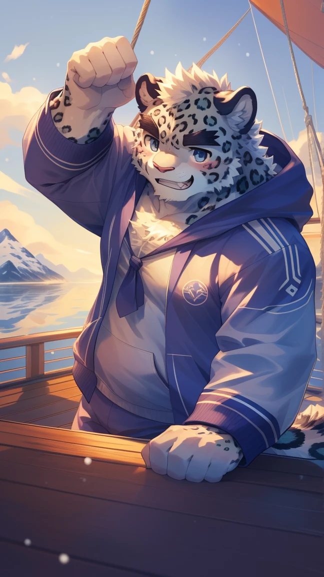 (Vision:1.5), solitary, anthropology, hairy, hairy male, snow leopard, ((Fluffy fur, Fluffy, hairy body)), (snow leopard print), (Thick eyebrows), youth, muscular, White and big skin, White fur, Blue-gray pupils, Detailed teeth, defaced face, fundos, sailor, Gray and purple plaid hoodie, sailor帽, On deck, Sailing, sideways, Shy expression, A faint smile, blush, (Dynamic poses:1.5), Clear facial features, Strong, majestic, alone, panoramic, Fog atmosphere, early morning, Tyndall Light Effect, On deck, early morning的阳光, (By Empty Ghost, From snow leopard20, masterpiece, high quality, high resolution,8k)
