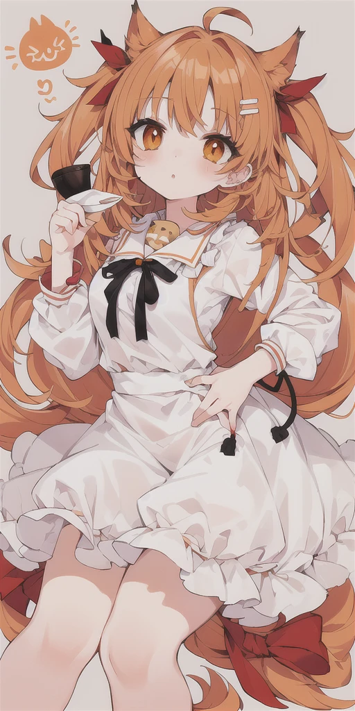 Milk tea hair,Orange Eyes,long,ribbon,There is a cat,Older sister type
