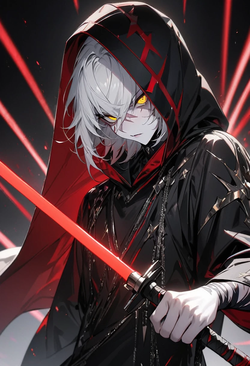 (masterpiece:1.2),(best quality:1.2),(masterpiece, best quality, ultra-high resolution), (Male character), White-haired Sith Master. Long white hair, bright yellow and malevolent eyes, pale skin with marked scars, black tunic with hood, red and metallic details on clothing, red lightsaber