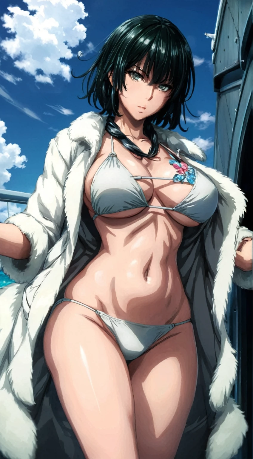 a woman in a bikini and a fur coat is standing on a boat, seductive anime girl, beautiful alluring anime woman, fubuki, swimsuit, female anime character, realistic bikini, from attack on titan, female action anime girl, anime woman, beautiful anime woman, kantai collection style, nico robin, is wearing a swimsuit, full body!!, makoto