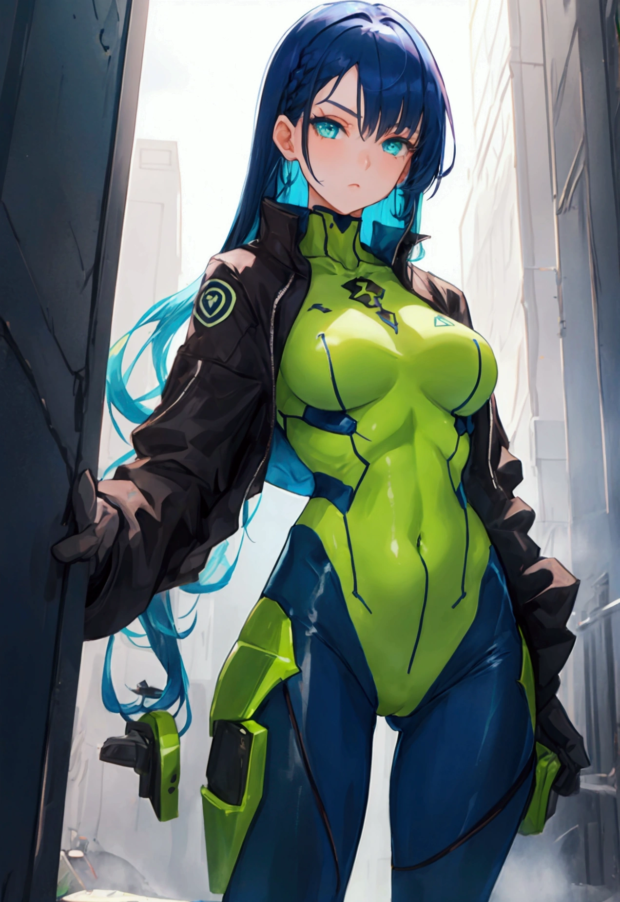 Girl with dark blue hair, green eyes,tall,rectangular body figure