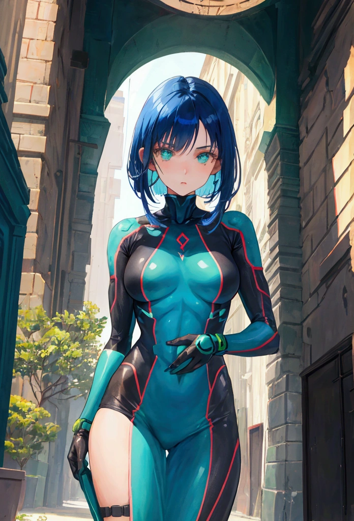 Girl with dark blue hair, green eyes,tall,rectangular body figure
