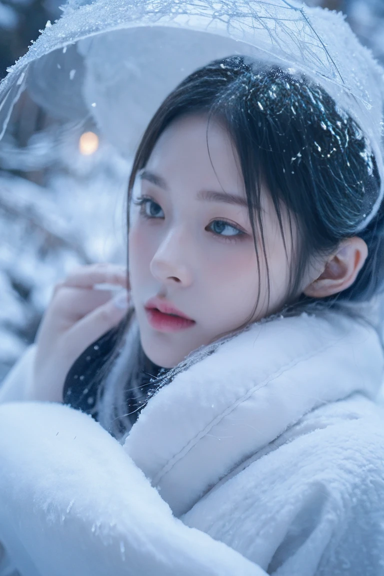 An enchanting and ethereal illustration of a Yuki-Onna, a character from Japanese folklore, set against a snowy mountain backdrop with a blizzard swirling around. She has long, flowing silver hair that glistens in the icy environment, complementing her pale, almost translucent skin. Her eyes are deep and captivating, reflecting the cold beauty of her surroundings. She wears a traditional Japanese kimono that is white with subtle blue patterns, blending seamlessly with the snowy landscape. The Yuki-Onna's pose is graceful and mysterious, embodying the chilling allure of the snow spirit. The overall atmosphere of the illustration is haunting yet beautiful, capturing the essence of this legendary figure in the midst of a snowstormHere is an illustration depicting the scene where a Yuki-Onna, an alluring figure with silver hair from Japanese folklore, is blowing a cold breath towards a hunter. The scene is set in a snow-covered mountain amidst a blizzard, featuring the ethereal Yuki-Onna and the hunter receiving her icy breath.