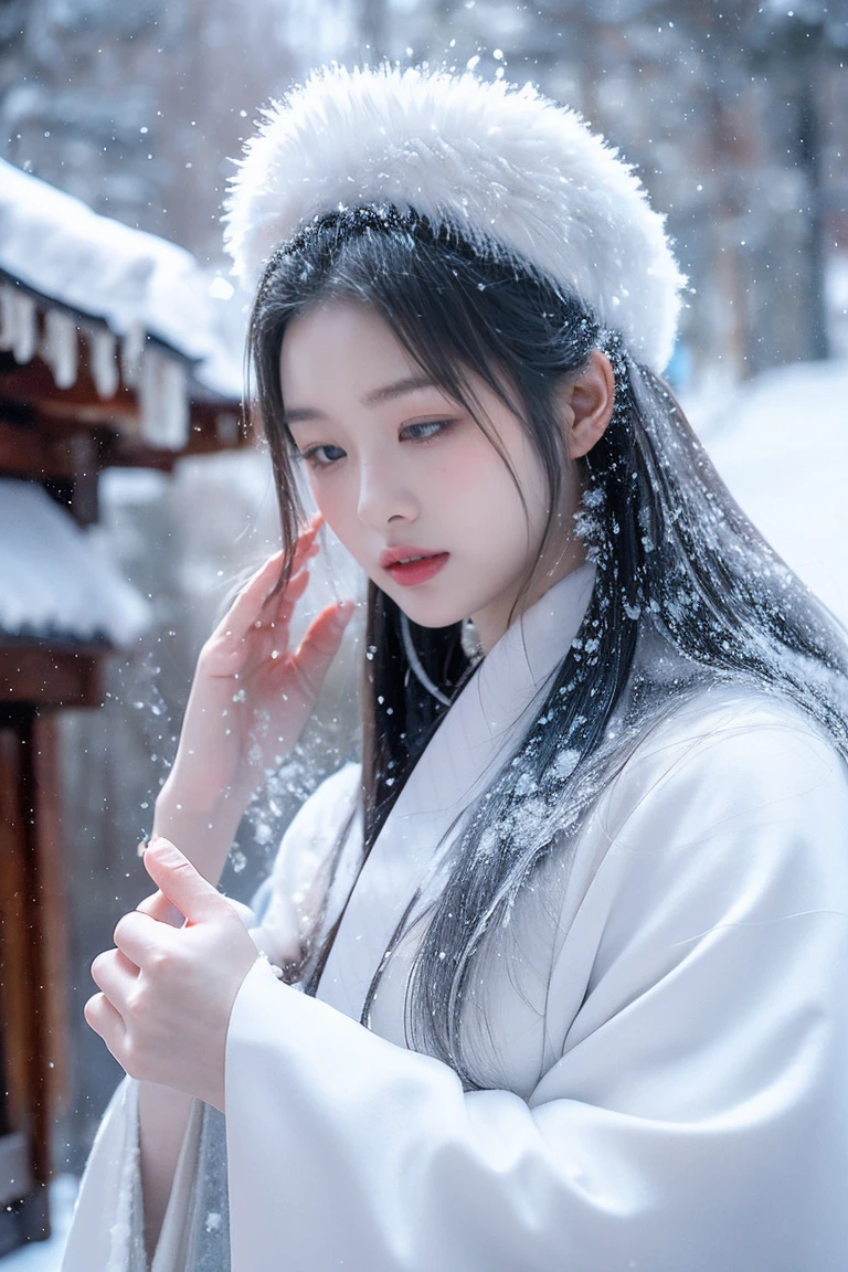 An enchanting and ethereal illustration of a Yuki-Onna, a character from Japanese folklore, set against a snowy mountain backdrop with a blizzard swirling around. She has long, flowing silver hair that glistens in the icy environment, complementing her pale, almost translucent skin. Her eyes are deep and captivating, reflecting the cold beauty of her surroundings. She wears a traditional Japanese kimono that is white with subtle blue patterns, blending seamlessly with the snowy landscape. The Yuki-Onna's pose is graceful and mysterious, embodying the chilling allure of the snow spirit. The overall atmosphere of the illustration is haunting yet beautiful, capturing the essence of this legendary figure in the midst of a snowstormHere is an illustration depicting the scene where a Yuki-Onna, an alluring figure with silver hair from Japanese folklore, is blowing a cold breath towards a hunter. The scene is set in a snow-covered mountain amidst a blizzard, featuring the ethereal Yuki-Onna and the hunter receiving her icy breath.