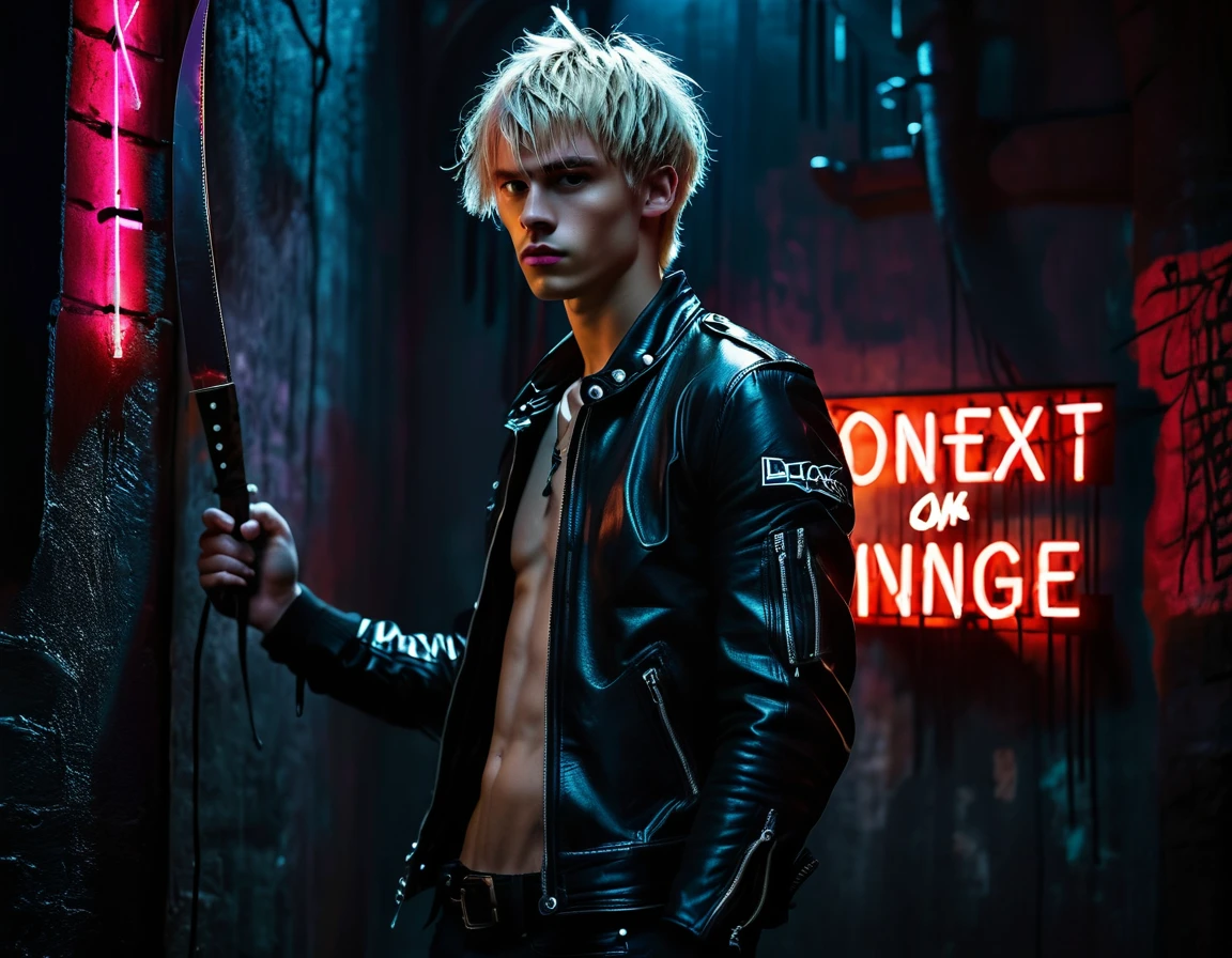 Photorealistic, dark vibes, solo, young man, facing camera, 22 years, pale skin, model (skinny:1.3), (short textured messy blond hair with fringe:1.5), (black leather jacket:1.3), holding knife, dark lighting, dungeon background, foreboding, sexy1 neon sign that says:"CONTEXT":1.8)