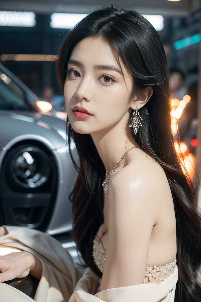 (((best quality))),(((ultra detailed))),(((masterpiece))),illustration,((1girl,gorgeous female model,solo)),((earrings,crystal necklace)),((slim,thin)),((small breasts,flat chest)),(beside a sleek futuristic car:1.3),(strapless glamorres sparkled bra:1.3),intricate embellishments,drop-dead gorgeous,(shoulder length straight hair:1.2),vibrant piercing eyes,delicate facial features,rosy cheeks,parted res lips,confident allure,beauty grace,intricate patterns,shimmering fabric,elegant draping,complementary skin tone,radiates beauty,allure,sleek streamlined design,futurism,smooth curves angles,ambient lighting,ethereal aura,intricate patterns,LED lights,glow,sea of activity,(surrounded by crowded crowds:1.3),examine cars,electric atmosphere,cyberpunk style,excitement anticipation,energy palpable,enthusiasm future automobiles,modern elegance,technological innovation,captivating vibrant scene,invite viewers step into future,embrace beauty,((from front,close-up of face))