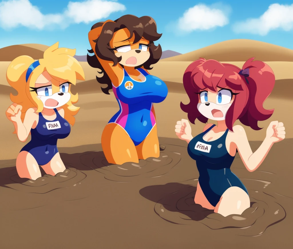 Mobian girls, best quality, HD, full body, large breasts, sexy breasts girl, puppy girl, floppy ears, glasses, hair, group lined up, group together, 10girls, group peril, multiple girls, 5girls together, hair, 10girls in quicksand, hair, dripping, twintails, curly hair, hair, braid, lesbian, group shot, cowboy shot, group, multiple girls, open mouth, masterpiece, wamudraws, sad, one-piece swimsuit, quicksand, sinking, scream, hands up, gurgling, drowning, orgasm, challenge, group sinking, school swimsuit, panic, peril, swimsuit, one-piece swimsuit, school swimsuit, old school swimsuit, blue one-piece swimsuit, name tag, group peril, desert, sand