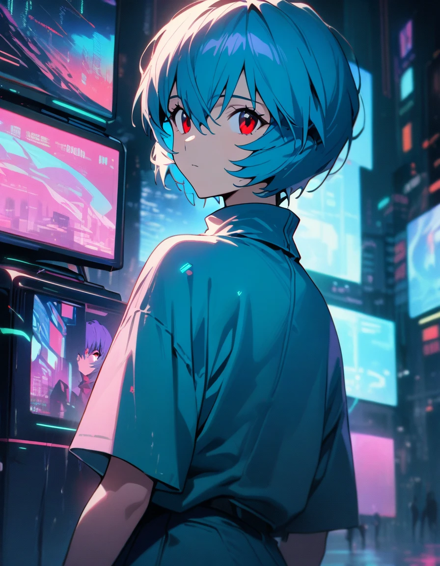 1girl, ayanami rei, neon genesis evangelion, blue short hair, red eyes, Futuristic cyberpunk city at night, neon lights reflecting off rain-slicked streets, surrounded by holographic displays, masterpiece, best quality, absurdres. Deep blues, purples, and cool teals dominating the color scheme.cowboy shot