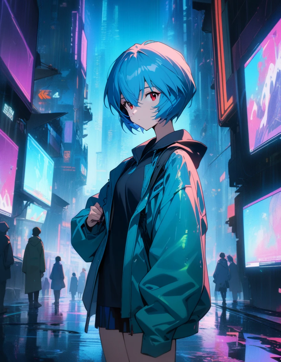 1girl, ayanami rei, neon genesis evangelion, blue short hair, red eyes, Futuristic cyberpunk city at night, neon lights reflecting off rain-slicked streets, surrounded by holographic displays, masterpiece, best quality, absurdres. Deep blues, purples, and cool teals dominating the color scheme.cowboy shot