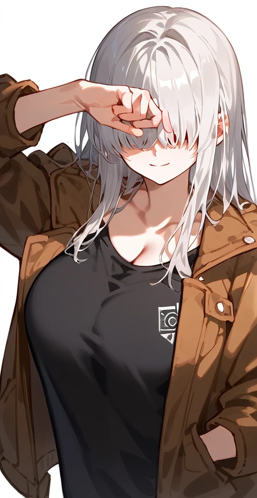(((Long white Beautiful Hair))),greys hair,kawai,(((Eyes visible from bangs,hair over eyes:1.3))),,Huge breasts,(yellow color eyes),,(yellw slanted eyes),Long bangs covering his right eye (wearing a black shirt) wearing an open brown jacket (Pose right hand hanging down) Left hand pose metal pose  (soft smile) white background (The right eye is visible, the bangs only cover the left eye) Long hanging brown jacket (right hand pose in jacket pocket)