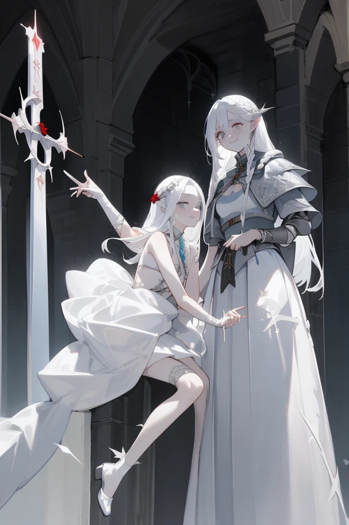 A bikini under white sorceress dress, white haired girl wearing armor shoes and silver accessories ,elegant, pale skin,Waist-length hair,Smile,Star decoration,White lace socks,thorns,Rose,Vest line,Cross lines,cross bandage,Mesh Clothing