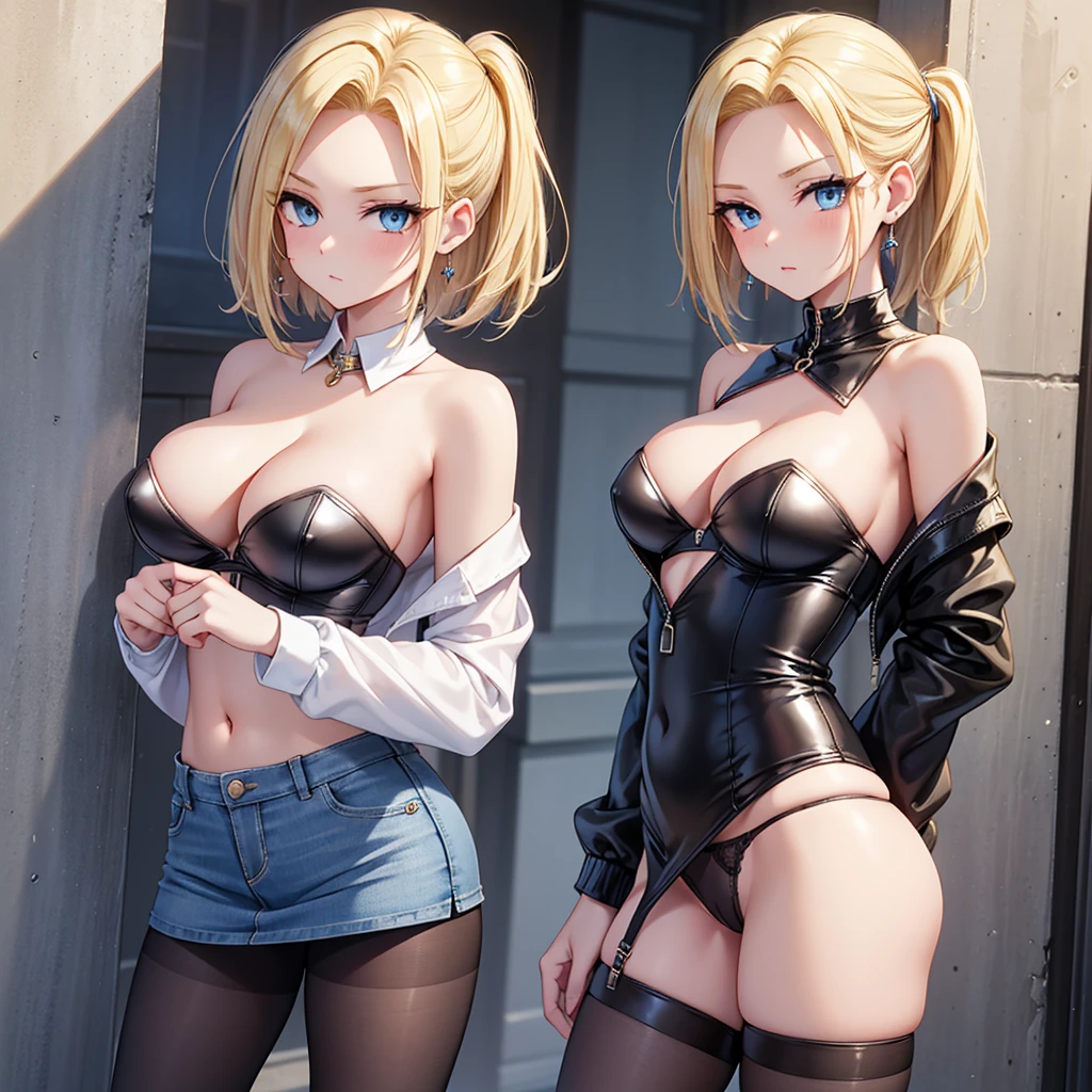 best qualityer, high resolution, e18, 1 girl, android 18, standing alone, hair blonde, blue colored eyes, shorth hair, aretes, jewerly, Jeans dress, open vest, black pantyhose, mine bra sexy cleavage , latex miniskirt half up , striped long sleeves, latex micro panties marking her tight pussy horny hoe,  medium breasts, cowboy shot, Street,  (Externally expanded chest:1.2), (strapless:1.2), Off The Shoulder, She has her back to the viewer leaning forward 