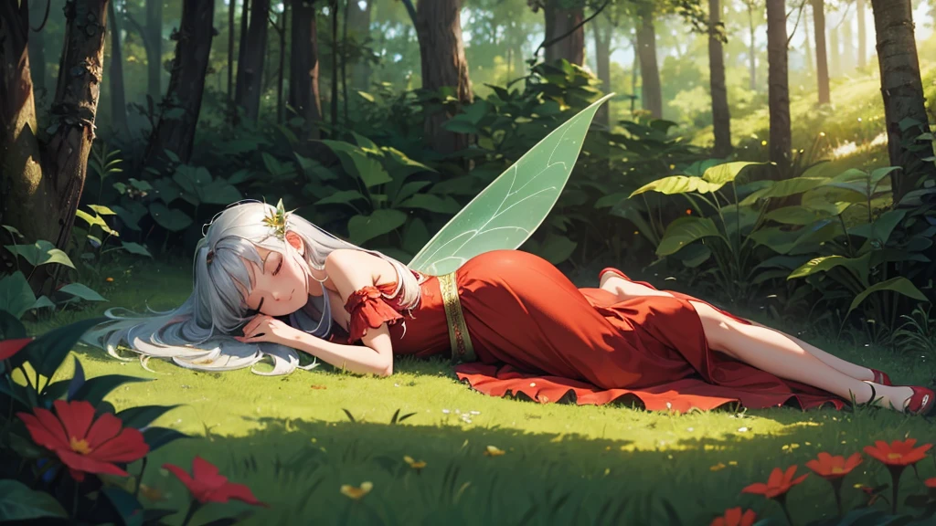 fairy girl ,sleeping in the forest, siver hair,hight quality,4k,red dress