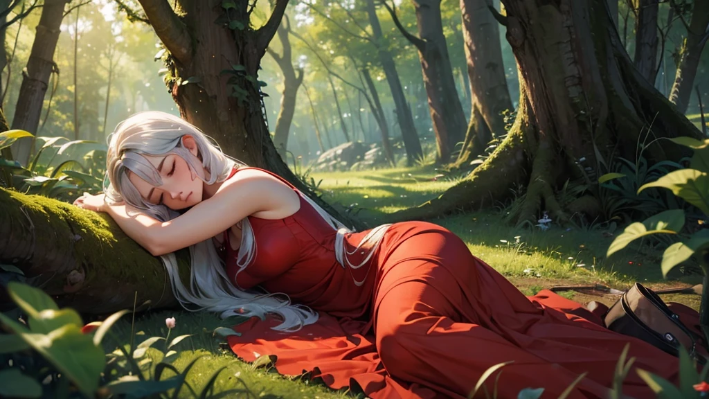 fairy girl ,sleeping in the forest, siver hair,hight quality,4k,red dress