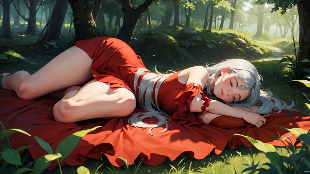 fairy girl ,sleeping in the forest, siver hair,hight quality,4k,red dress