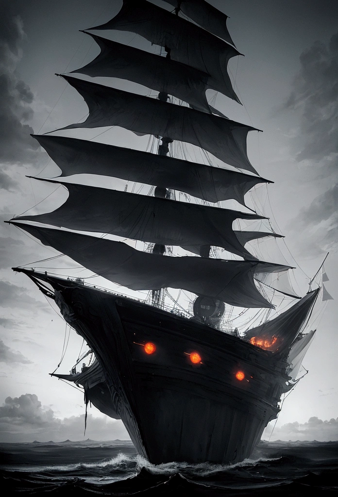 A whimsical ship drifts through the endless expanse of horror black space, its sails billowing in the eerie void.