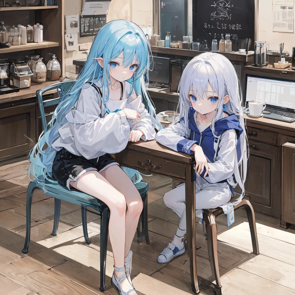 Fairly long hair down、A little bluish、first round、woman、Coffee on a wooden desk、Lots of sugar、Beautiful chair、One laptop、Stylish cafe、Black hooded jersey、White shorts、Small, plain white earrings、Container with sugar、Shoulder Bare