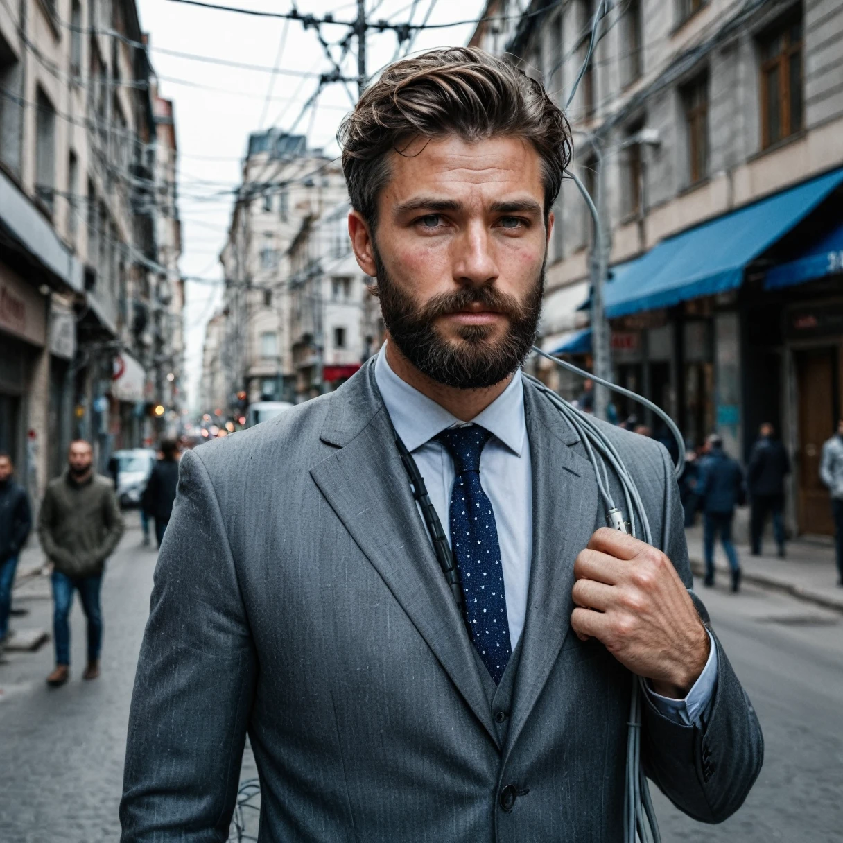 raw photo, full length portrait of a handsome man with a beard in a gray suite, stands on a busy street with tangled power cables, completely sharp, detailed face, blue eyes, (very detailed skin:1.2), 8k hd, DSLR, Soft lighting, high quality, film grain, Fujifilm XT3 speckled light on the face, Pale skin, skin pores, Shiny and oiled skin, skin stain, imperfect skin, intricate skin details, visible skin detail, detailed skin texture, blush, wrinkles, vitiligo spots, moles, white dots, shin, white grains, red beans, Lunar, skin fluff, [[[[[parts]]]]] (Perfect eyes), ((perfect hands with four fingers and one thumb each)) in France