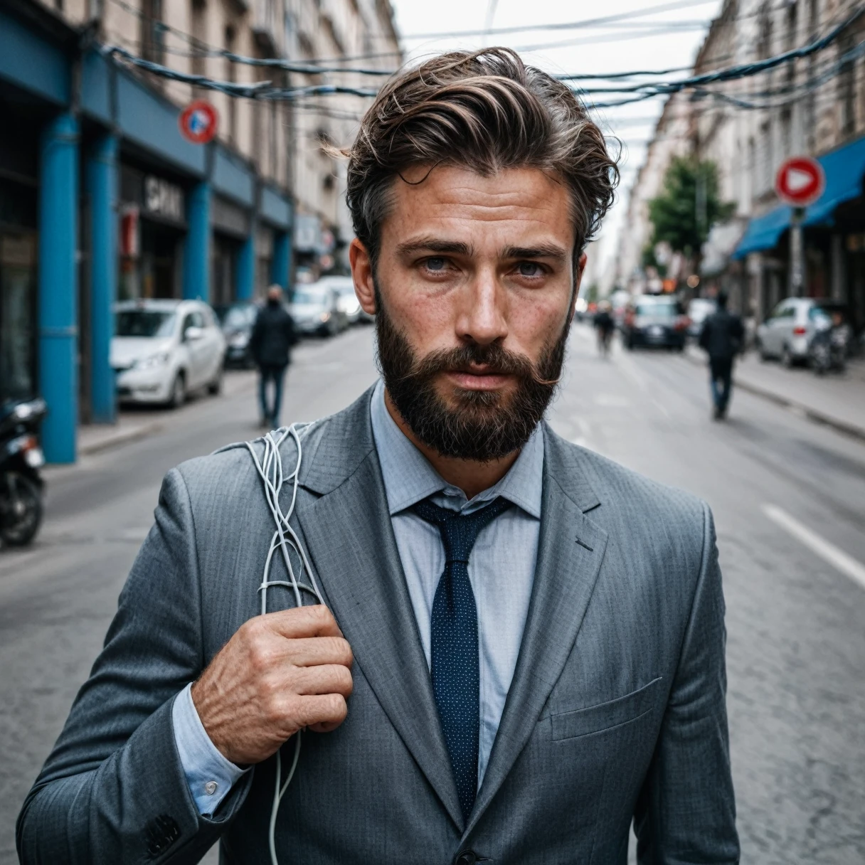 raw photo, full length portrait of a handsome man with a beard in a gray suite, stands on a busy street with tangled power cables, completely sharp, detailed face, blue eyes, (very detailed skin:1.2), 8k hd, DSLR, Soft lighting, high quality, film grain, Fujifilm XT3 speckled light on the face, Pale skin, skin pores, Shiny and oiled skin, skin stain, imperfect skin, intricate skin details, visible skin detail, detailed skin texture, blush, wrinkles, vitiligo spots, moles, white dots, shin, white grains, red beans, Lunar, skin fluff, [[[[[parts]]]]] (Perfect eyes), ((perfect hands with four fingers and one thumb each)) in France