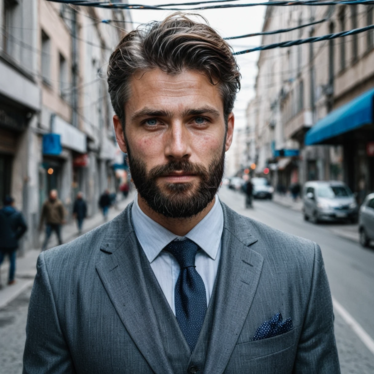 raw photo, full length portrait of a handsome man with a beard in a gray suite, stands on a busy street with tangled power cables, completely sharp, detailed face, blue eyes, (very detailed skin:1.2), 8k hd, DSLR, Soft lighting, high quality, film grain, Fujifilm XT3 speckled light on the face, Pale skin, skin pores, Shiny and oiled skin, skin stain, imperfect skin, intricate skin details, visible skin detail, detailed skin texture, blush, wrinkles, vitiligo spots, moles, white dots, shin, white grains, red beans, Lunar, skin fluff, [[[[[parts]]]]] (Perfect eyes), ((perfect hands with four fingers and one thumb each)) in France
