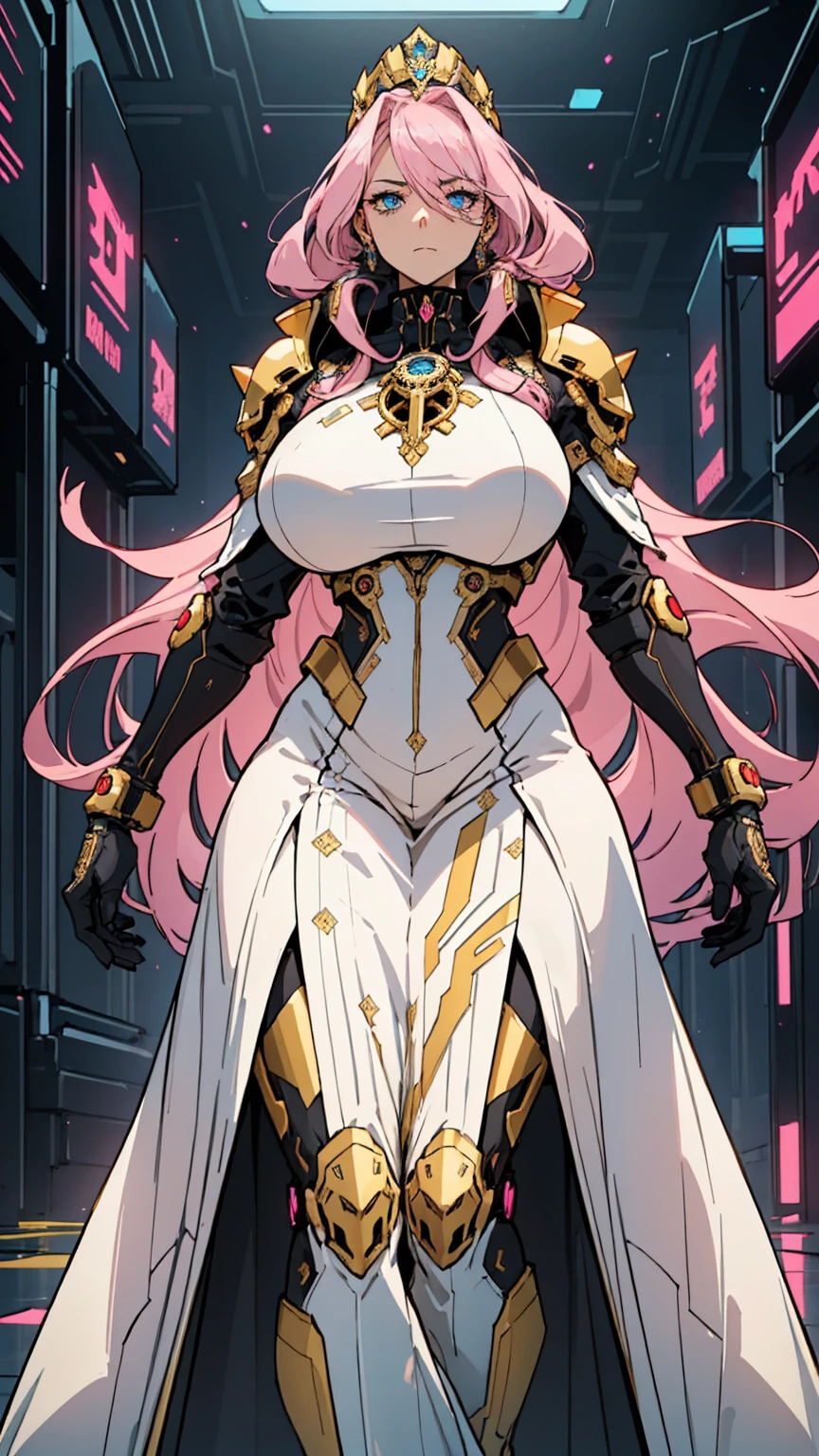 1 confident woman with floor-length pink hair, huge and big breasts, Futuristic royal costume in white with black and gold details, tall woman, blue detailed eyes,  , judgmental look, golden metal skulls, sovereign pose, cyberpunk queen, lonely girl, 35 year old
