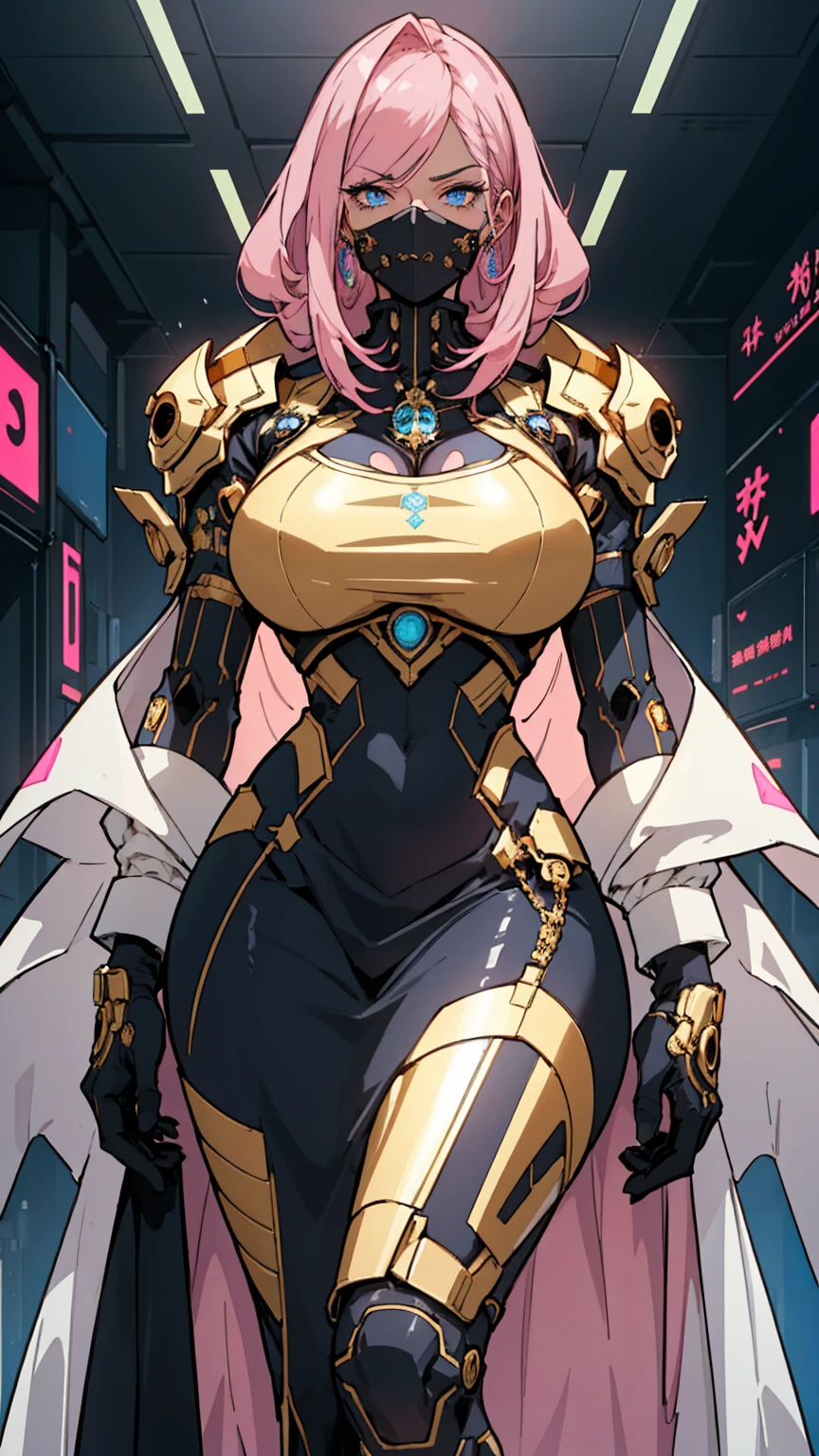1 confident woman with floor-length pink hair, huge and big breasts, Futuristic royal costume in white with black and gold details, tall woman, blue detailed eyes, , judgmental look, golden metal skulls, sovereign pose, cyberpunk queen, lonely girl, 35 year old