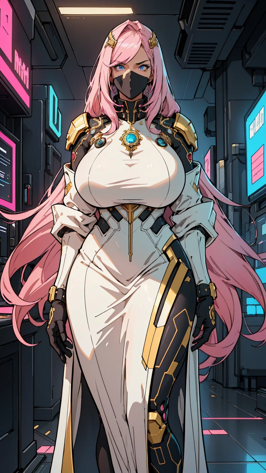 1 confident woman with floor-length pink hair, huge and big breasts, Futuristic royal costume in white with black and gold details, tall woman, blue detailed eyes,  , judgmental look, golden metal skulls, sovereign pose, cyberpunk queen, lonely girl, 35 year old
