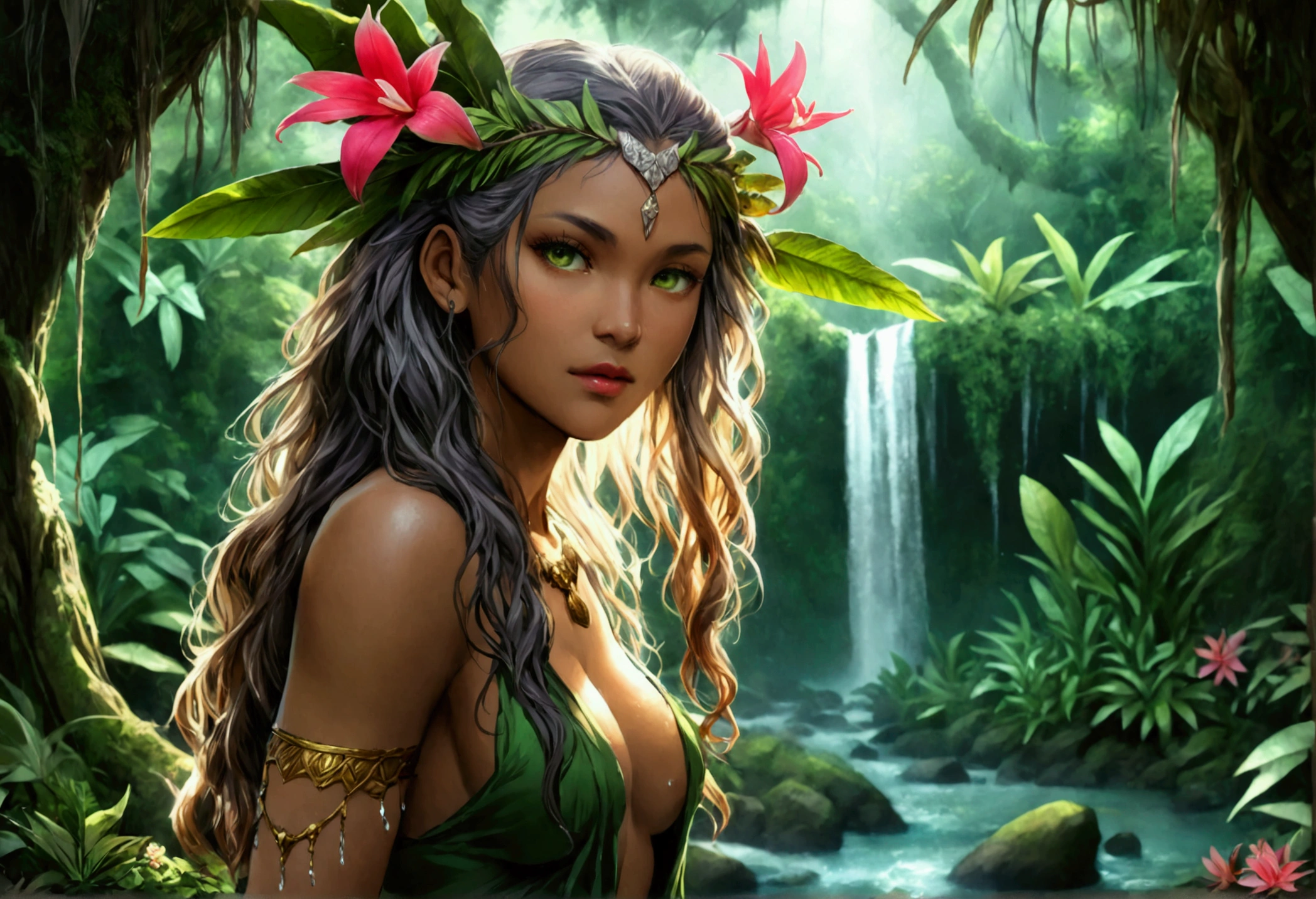  a picture of a druid in her jungle cove, an exotic, most beautiful human druid, priest of nature, warden of the wild of the jungle, full body, ((anatomically correct: 1.5)) long hair, wild hair, dynamic hair color, flowers and leaves in her hair, wearing a green robe, small cleavage, high boots, eyes glowing with magic, she protects her jungle grove, many old (cacao trees: 1.3), orchids trees, heliconia flowers, some wild life, a (stream of water: 1.3), fantasy art, vibrant, Ultra-high resolution, High Contrast, (masterpiece:1.5), highest quality, Best aesthetics), best details, best quality, highres, ultra wide angle, 16k, [ultra detailed], masterpiece, best quality, (extremely detailed) RAW, 
