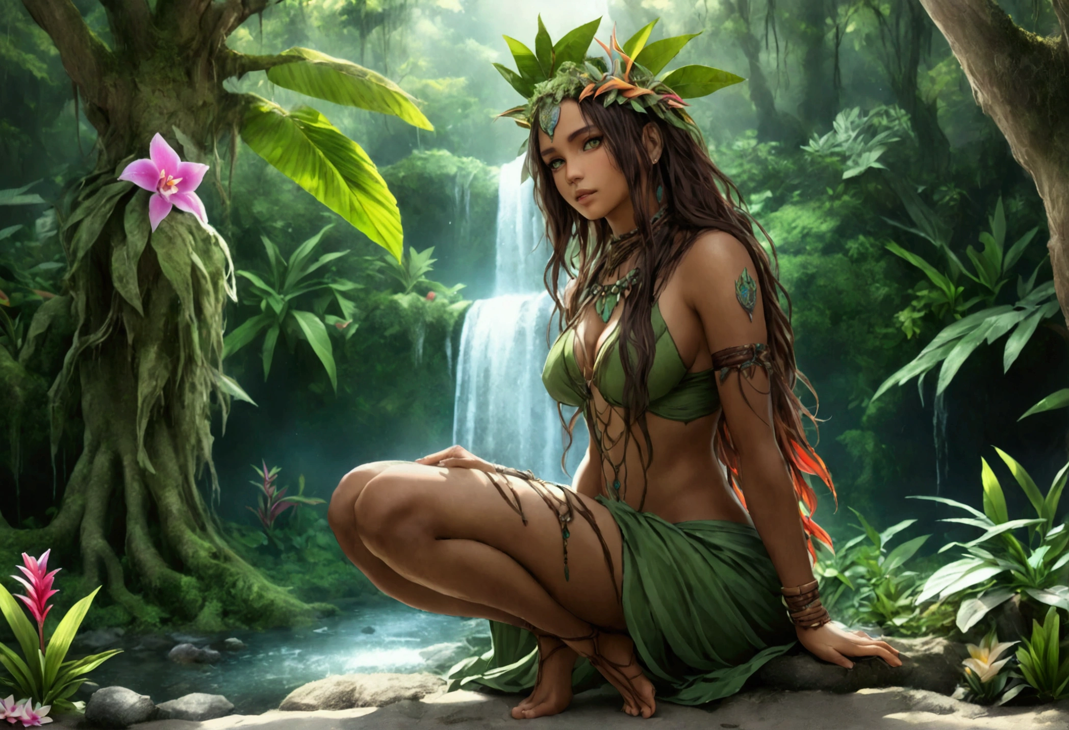  a picture of a druid in her jungle cove, an exotic, most beautiful human druid, priest of nature, warden of the wild of the jungle, full body, ((anatomically correct: 1.5)) long hair, wild hair, dynamic hair color, flowers and leaves in her hair, wearing a green robe, small cleavage, high boots, eyes glowing with magic, she protects her jungle grove, many old (cacao trees: 1.3), orchids trees, heliconia flowers, some wild life, a (stream of water: 1.3), fantasy art, vibrant, Ultra-high resolution, High Contrast, (masterpiece:1.5), highest quality, Best aesthetics), best details, best quality, highres, ultra wide angle, 16k, [ultra detailed], masterpiece, best quality, (extremely detailed) RAW, 