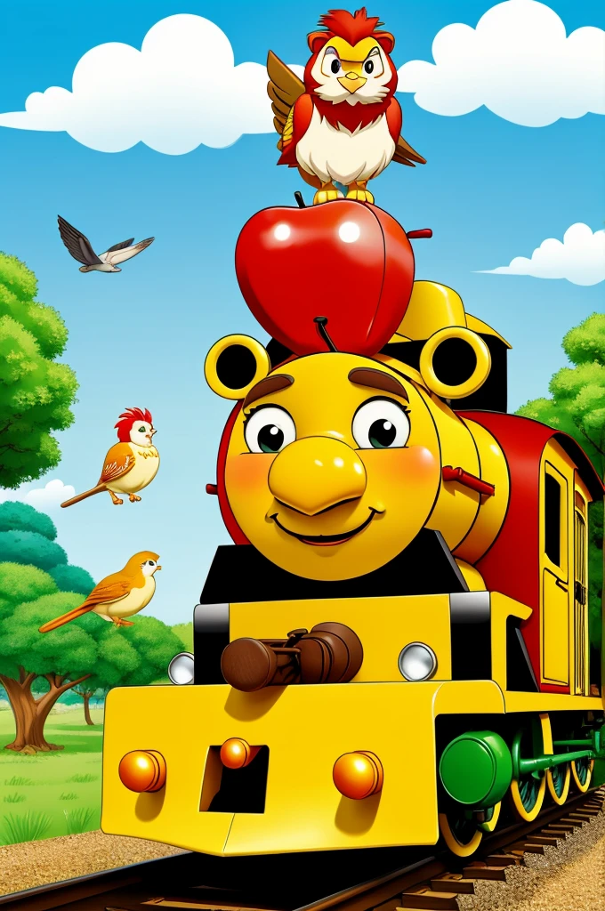 cartoon train with small apple & lion & bird all cartoon 