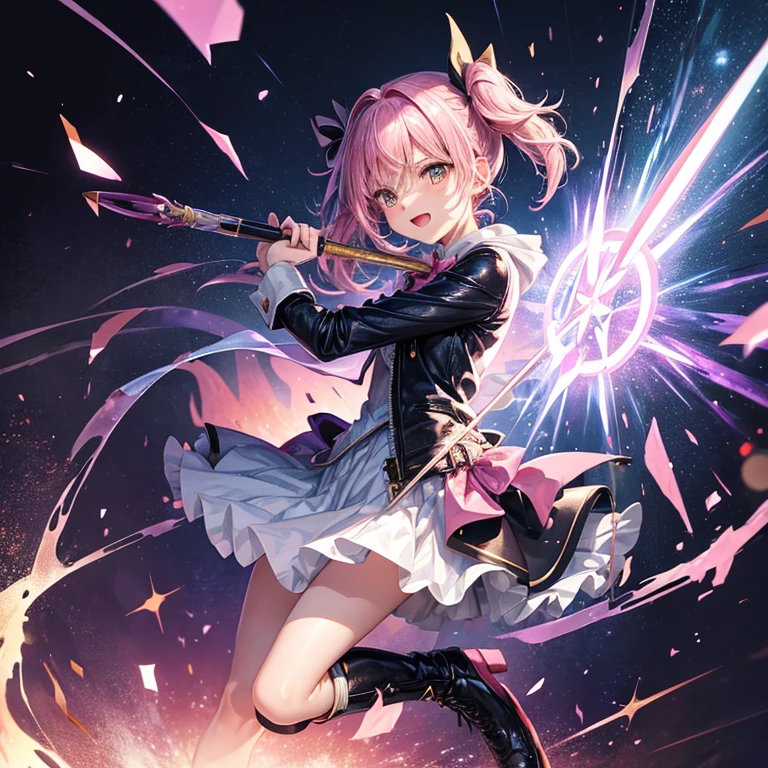 best quality,masterpiece,, 《Magical girl Madoka》Madoka in the middle is wearing a black leather jacket and combat boots, holding a magic wand, The expression on his face is cold.
