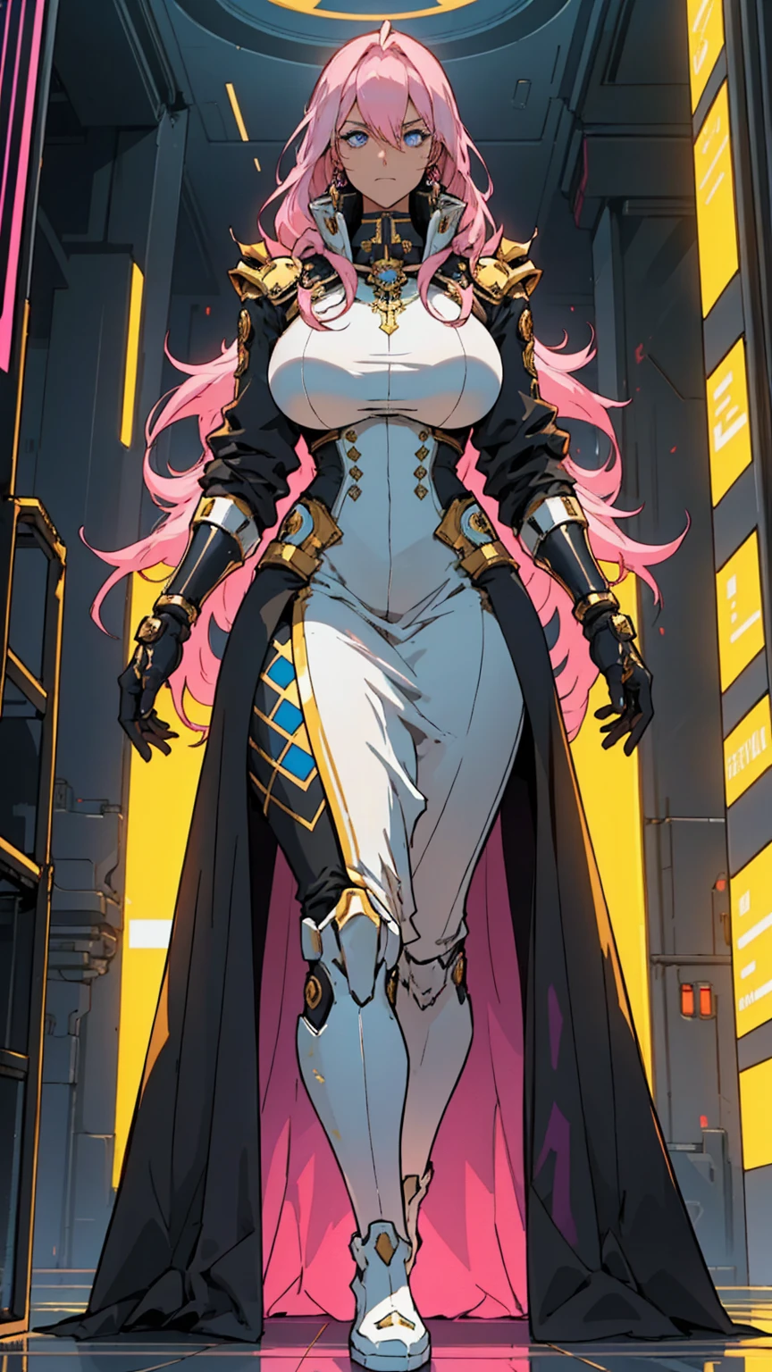 1 confident woman with floor-length pink hair, huge and , Futuristic royal costume in white with black and gold details, tall woman, blue detailed eyes, , judgmental look, golden metal skulls, sovereign pose, cyberpunk queen, lonely girlear old