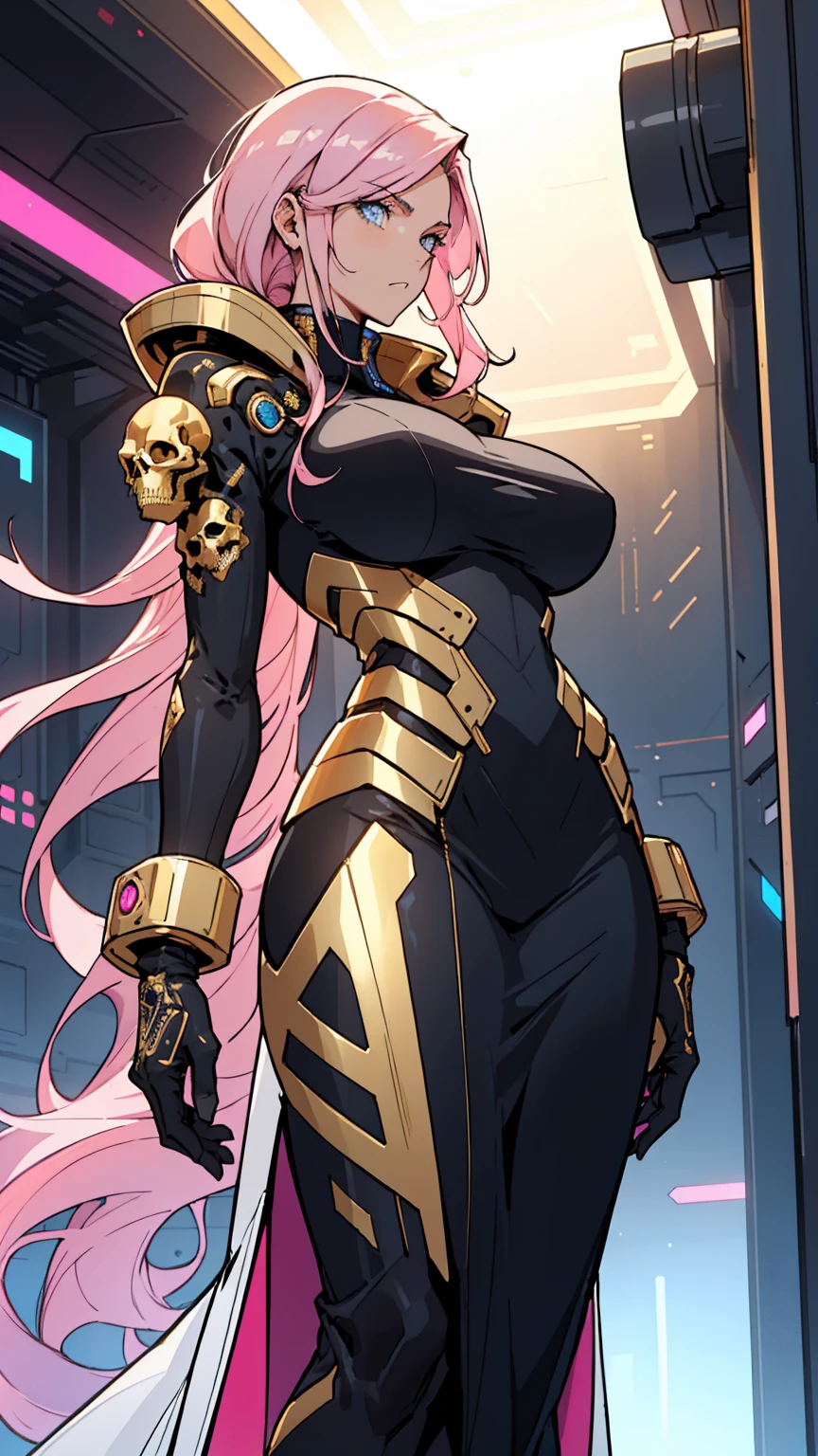1 confident woman with floor-length pink hair, huge and big breasts, Futuristic royal costume in white with black and gold details, tall woman, blue detailed eyes, , judgmental look, golden metal skulls, sovereign pose, cyberpunk queen, lonely girl, 35 year old