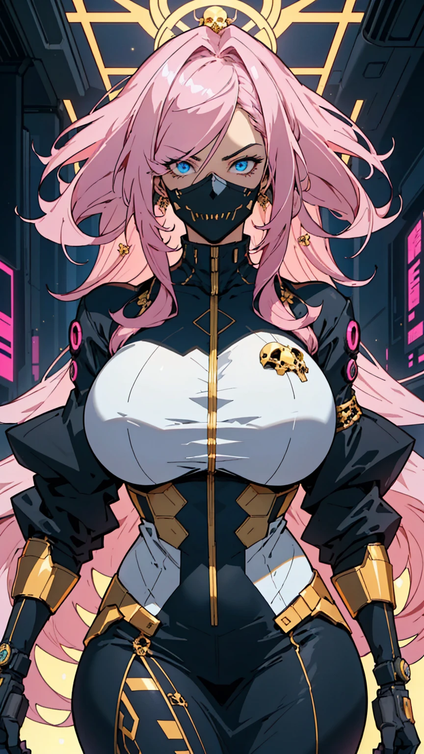 1 confident woman with floor-length pink hair, huge and big breasts, Futuristic royal costume in white with black and gold details, tall woman, blue detailed eyes, , judgmental look, golden metal skulls, sovereign pose, cyberpunk queen, lonely girl, 35 year old