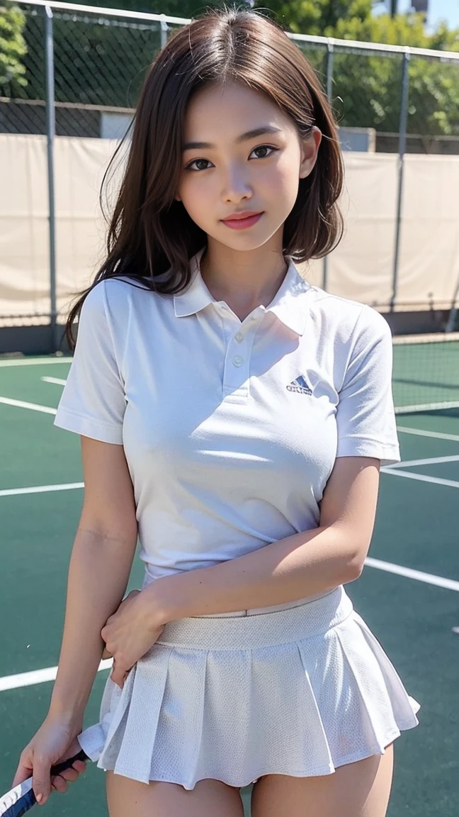 UHD, Retina, masterpiece, precise, Anatomically correct, Textured Skin, Super Detail, High Detail, high quality, The award-winning, best quality, high resolution, 1080P, HD, 4K, 8K, 16K、(masterpiece), (best quality),超high resolution, Caustics, familiar, Beautiful familiar FACE,Perfect anatomical structure,Cowboy shooting,Solo 12 year old beauty、日BookのBookを読む人、Black Hair,Short Bob Hairstyle,Black eyes,slim body,Ideal body proportions,Medium breasts,Tanned skin,Radiant Skin,Oily skin,Glowing skin,Standing,Ponytail,((emulsion、Tennis Clothes、White Polo Shirt、White pleated mini skirt)),Tennis racket１Book、正しく描かれたTennis racket:1.12、outdoor、tennis court、，Full body portrait((Beautiful vaginal lines:1.19)),,(((Multiple sclerosis. A has a very cute, Young face.:1.45))), 、(Very young and big breasts:1.2),(Open:1.6),
