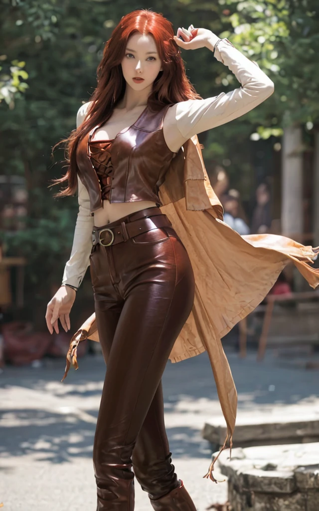 Slender girl with long cherry red hair and porcelain skin dressed in a vintage shirt, brown leather trousers and vest, fantasy style leather boots. thin waist, second breast size and slender legs, round buttocks,looks at the viewer, From head to toe, a high resolution, masterpiece, detailing