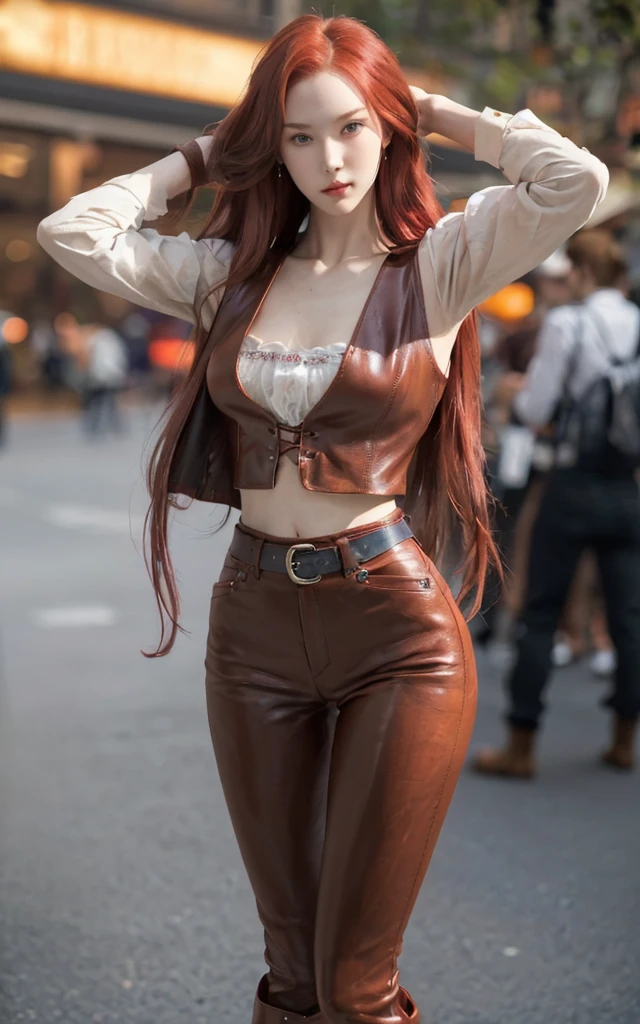 Slender girl with long cherry red hair and porcelain skin dressed in a vintage shirt, brown leather trousers and vest, fantasy style leather boots. thin waist, second breast size and slender legs, round buttocks,looks at the viewer, From head to toe, a high resolution, masterpiece, detailing