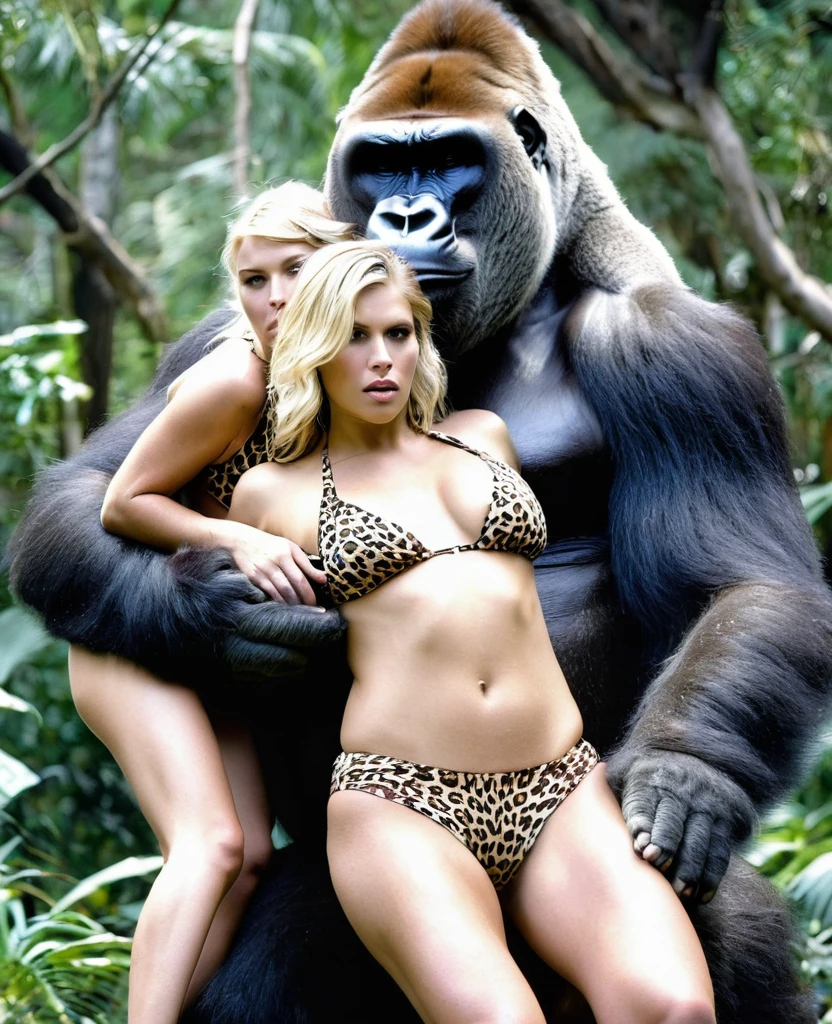 A Limp fainted sleepy blonde leopard bikini cavewoman being carried by giant gorilla in his arms cradling her nsfw