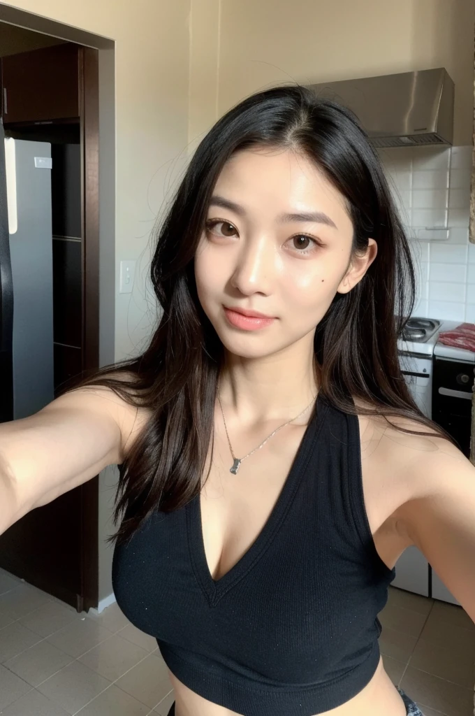 ((Best Quality, 8k, Masterpiece:1.3), Angie Marcheria), Focus:1.2, Perfect Body Beauty:1.4, Buttocks:1.2, ((Delicate Hair)), (black t-shirt:1.1), (kitchen), Highly detailed face and skin texture, Detailed eyes, Double eyelids, whitening skin, Big breasts, smile, wearing necklaces, perfect , seducing face, cooking, sweating, selife, 1 girl, messy hair, sexy