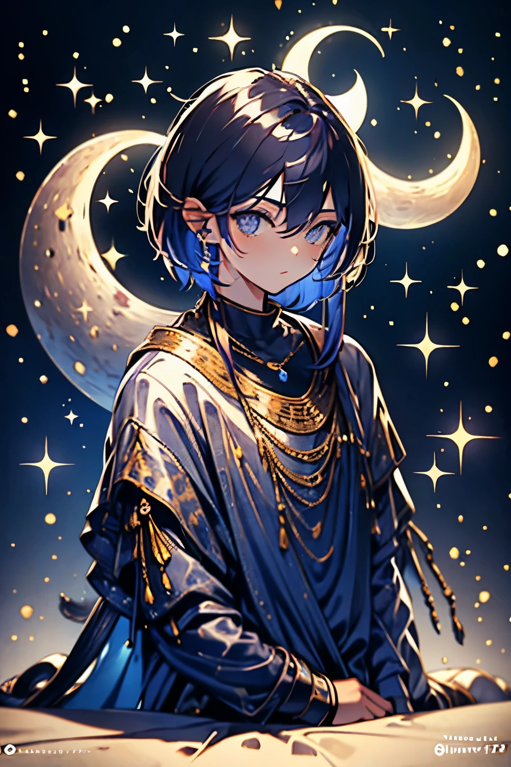 High resolution, masterpiece, Highest quality, One boy、Embarrassed、Purple Hair、Inner colorlight blue、Gradient color hairstyle, Diagonal bangs, Asymmetrical bangs, short hair、Asymmetrical Short、slacks、Wear warm clothes、Odd Eye、Attractive eyes、20-year-old、adult、headphone、music、magic、fallen Angel、Fantasy、moonlight、Moon God、vivid、Use the power of lightning