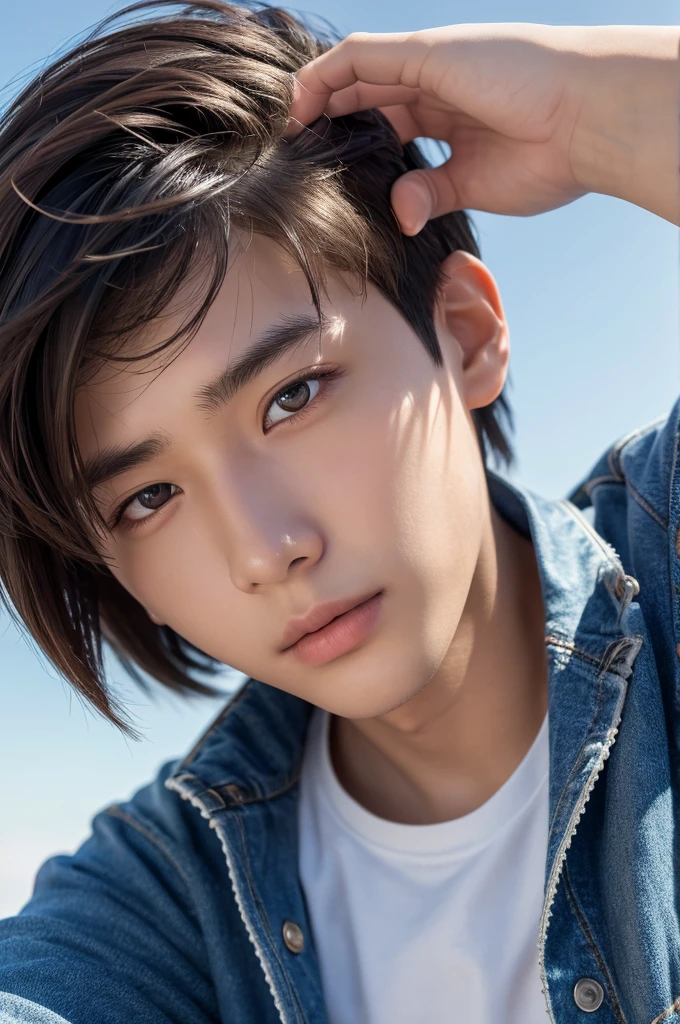 Highest quality, masterpiece, Ultra-high resolution, (Realistic: 1.4), Original photo, wallpaper, Head Photo, skin, Simple Background, Iris, detailed, Selfie, 1 boy, 18-year-old, good looking, Wind,Asahi