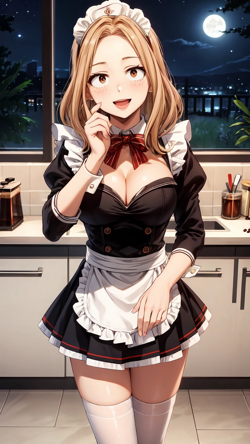 Masterpiece ,best quality , high resolution , (1 girl solo:1.38) , (camie, long hair, brown hair, brown eyes , lipstick , eyeliner) , (cleavage:1.2) , (medium breast:1.28) , (wearmaid miniskirt , maid head band , sleeves , stockings ) , (cleavage:1.15) , (big breast:1.1) , (face view , look at view) , (indoor, in kitchen , night , moonlight , windows , candel , coffee on table ) , (standing , thighs ) , ( smile , open mouth , full face blush , shy )