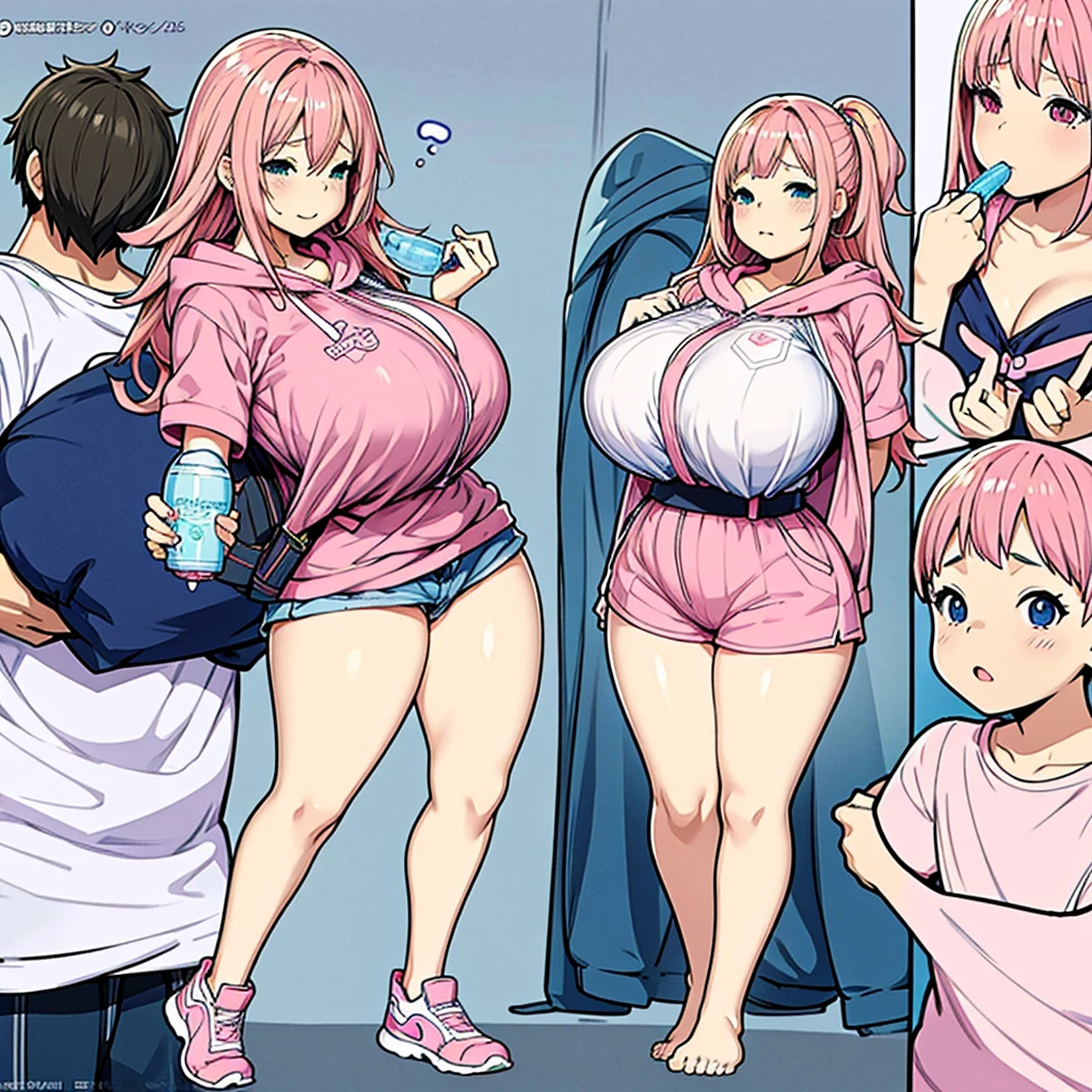 a woman in pink shorts and a hoodie holding a water bottle, thicc, fullbody commission for, pink girl, anime vtuber full body model, anime full body illustration, seductive anime girl, anime girl, kawaii realistic portrait, oc commission, render of april, realistic young anime girl, an anime girl, anime style character, some pink